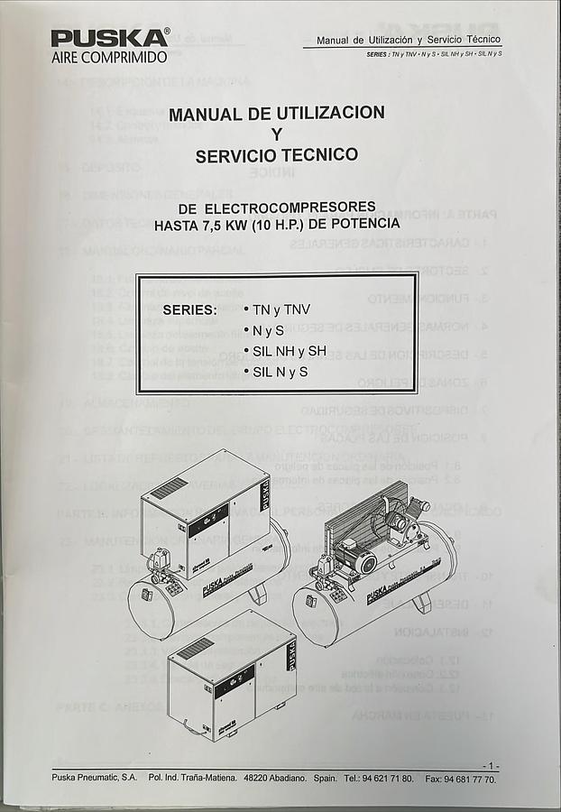 Usado Manual de Instrucciones Compresor de Aire PUSKA TN / TNV / N / S / SIL NH / SIL SH / SIL N / SIL S