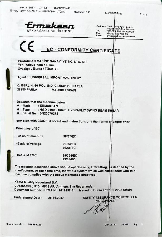 Usado Manual de Instrucciones Cizalla ERMAK HGD 3100-10mm EN