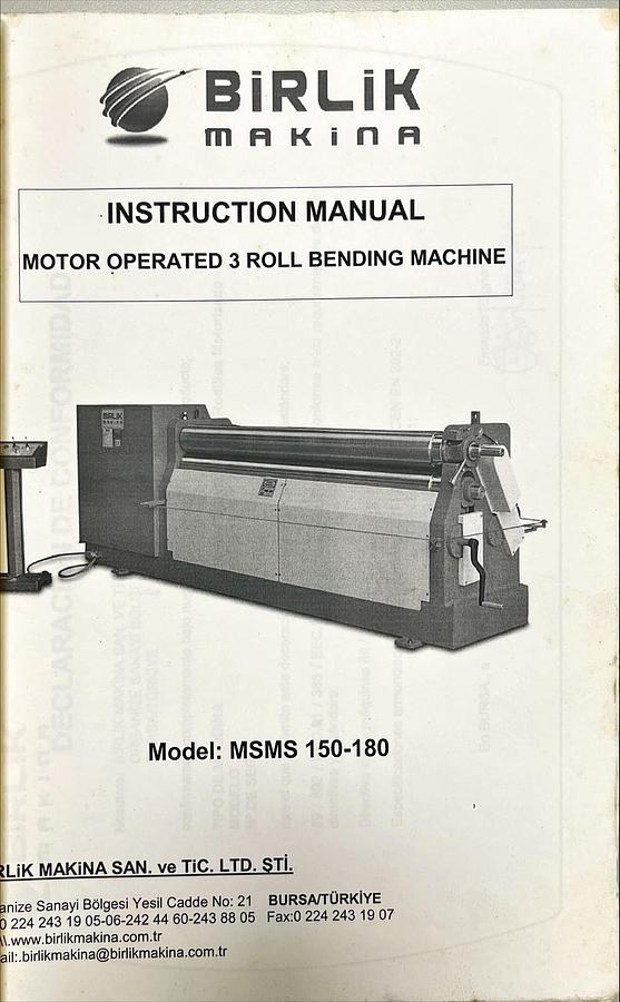 Usado Manual Instrucciones Cilindro Curvador Birlik MSMS 150-180 (EN)