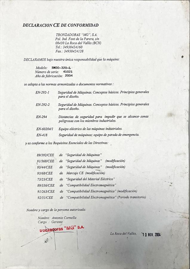 Usado Manual Instrucciones Tronzadora MG BMSO 320-L