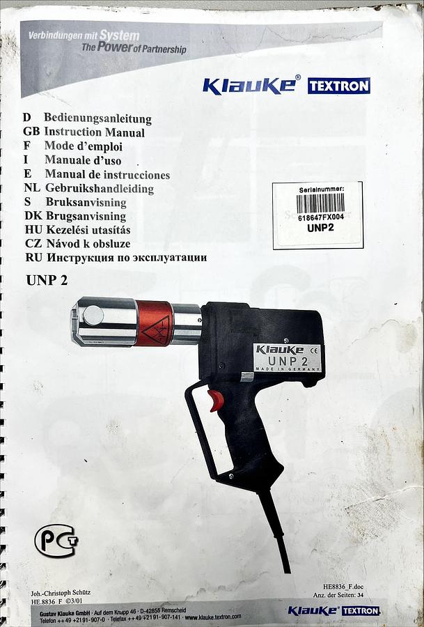 Usado Manual de Instrucciones Mordaza Intercambiable KLAUKE UNP2