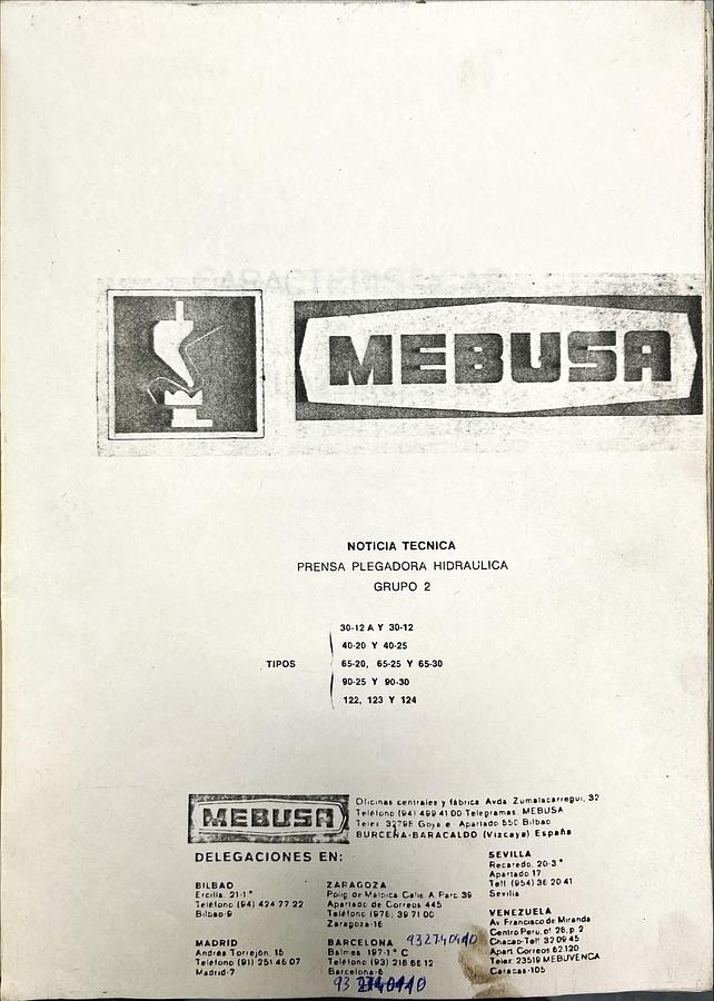 Usado Manual de Instrucciones Plegadora Hidráulica MEBUSA PH
