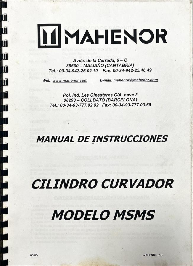 Usado Manual Instrucciones Cilindro Curvador Birlik MSMS 150-180 (ES)