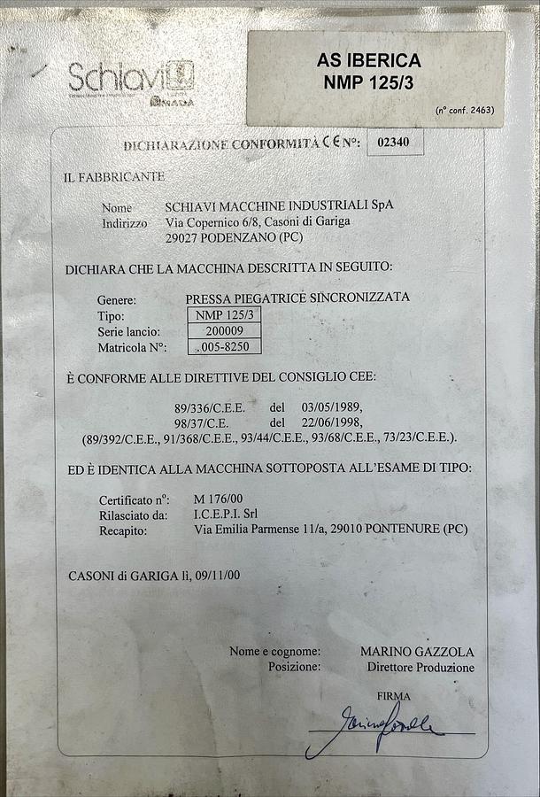 Usado Manual Instrucciones Plegadora Amada-Schiavi NMP 125/3