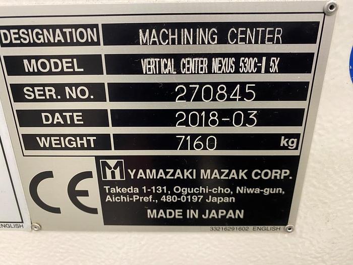 Used 2018 Mazak Vertical Center Nexus 530C-II 5X Machining Center