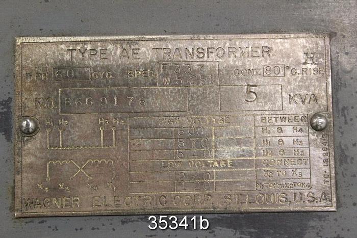 Used Wagner W5251 Single Phase Transformer, 5Kva #35341