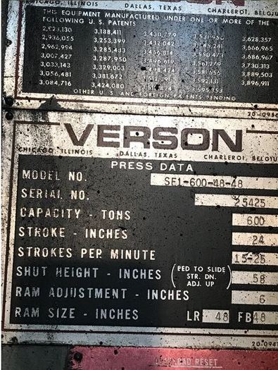 Used 600 TON VERSON STRAIGHT SINGLE CRANK PRESS SE1-600-48-48