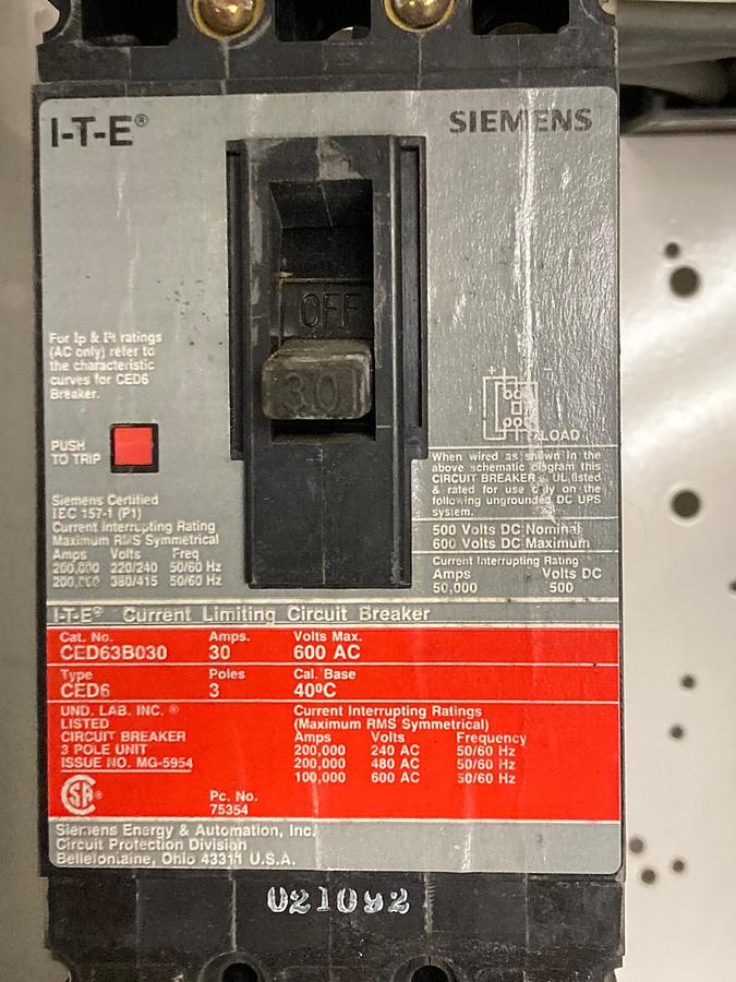 Used ITE Siemens,Model 95 53-40612 30,Amps Size 1 18 INCH Dual Disconnect Bucket