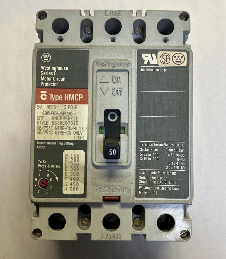 Used WESTINGHOUSE,HMCP050K2C,CIRCUIT BREAKER 50A 600V 3P