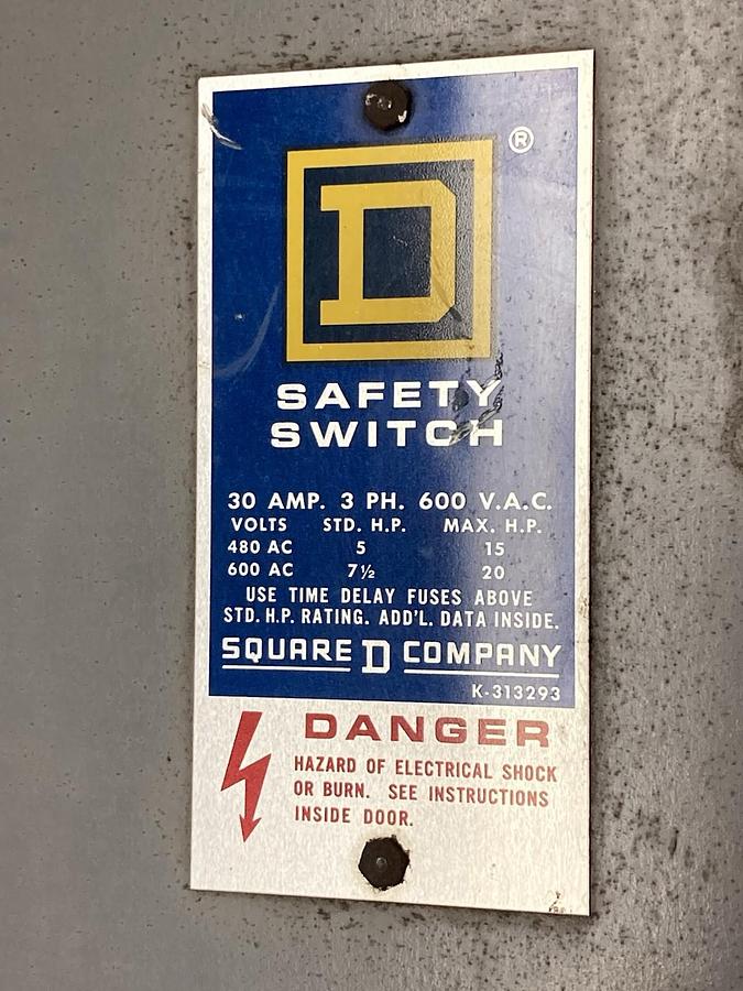 Used Square D,H361AWK,3-Phase Fusible Safety Switch 30A