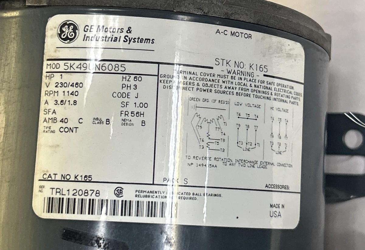 Used GENERAL ELECTRIC,5K49UN6085,AC MOTOR 1HP 1140RPM 230/460V 3PH 56H FRAME