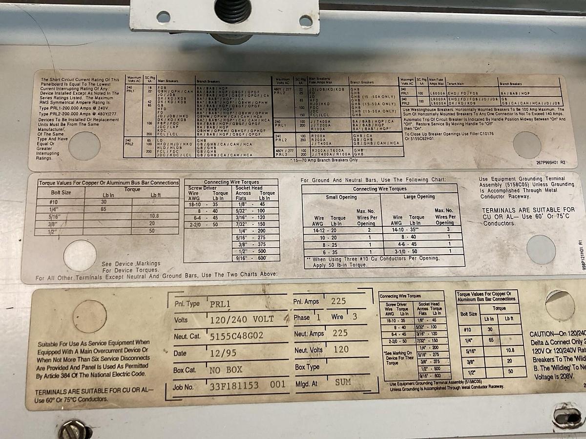 Used Cutler-Hammer,PLR1 HUSY41264,3-Phase Power Distribution Panel Type PNL 480V