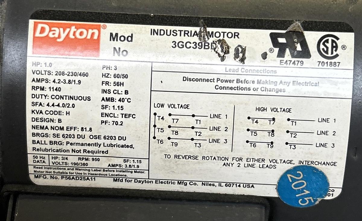 Used DAYTON,3GC39BD,INDUSTRIAL MOTOR 1HP 1140RPM 208-230/460V 3PH 56H FRAME