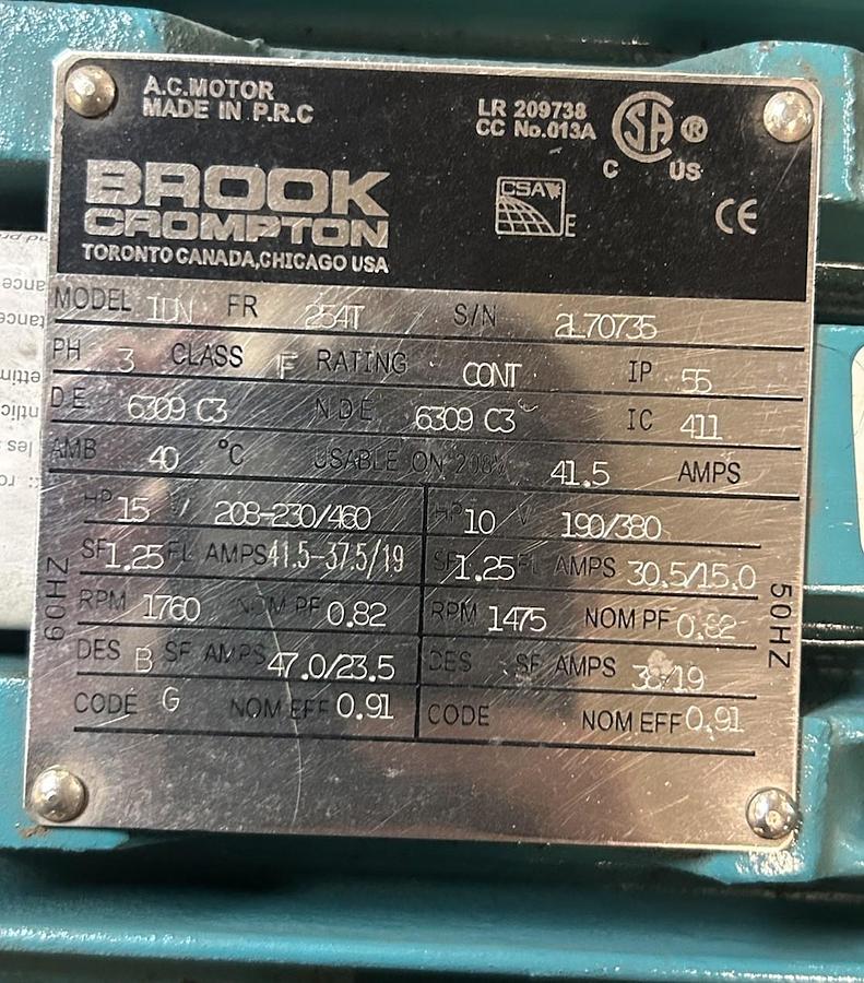 BROOK CROMPTON,1DN,AC MOTOR 15HP 1760RPM 208-230/460V 3PH 254T FRAME