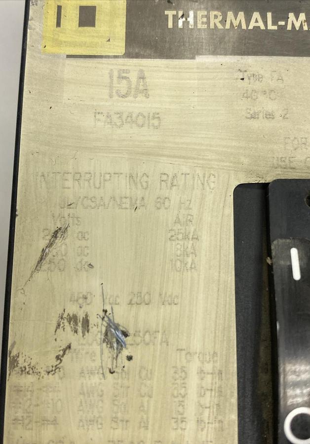 Used Square D,FA34015,I-Line Circuit Breaker 15A 480V 3 Pole