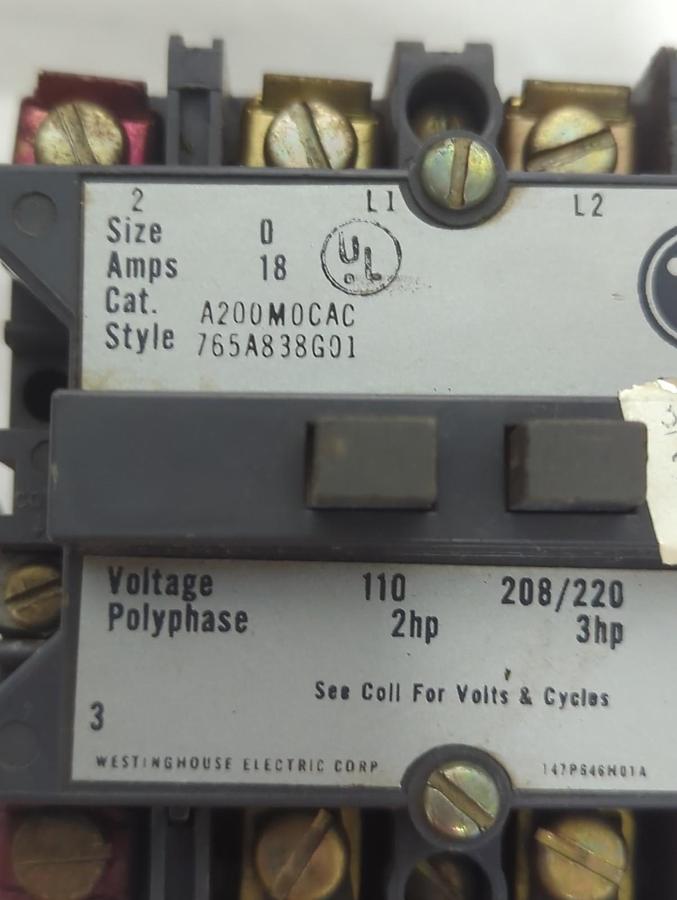 Used WESTINGHOUSE,A200M0CAC,MOTOR STARTER SIZE 0 STYLE 765A838G01 PRE-OWNED