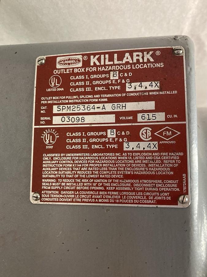 Used Killark,SPM25364-A GRH,Outlet Box Type 3,4,4X Volume 615 CU IN