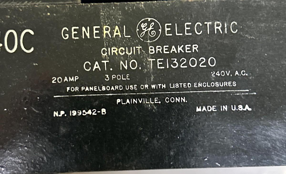 Used GENERAL ELECTRIC,TE132020,CIRCUIT BREAKER 20A 240V 3P