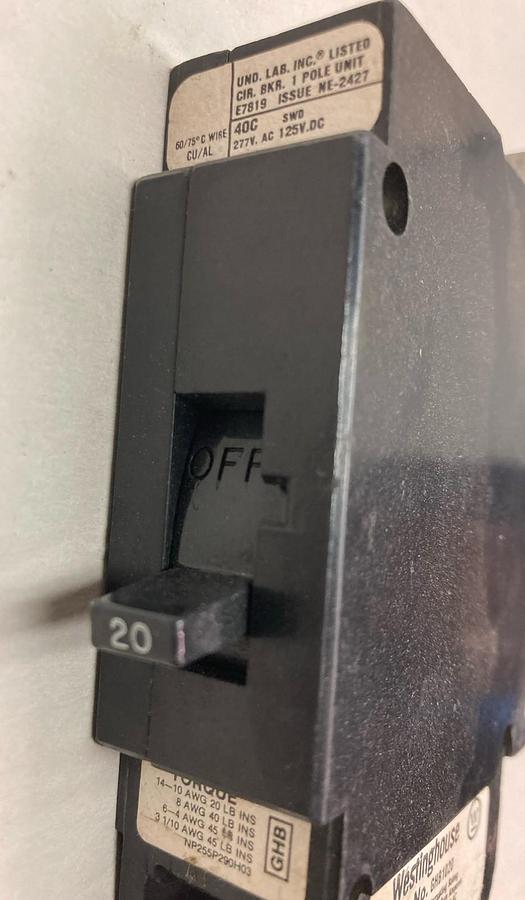 Used Westinghouse,GHB1020,Circuit Breaker 20A 125VDC