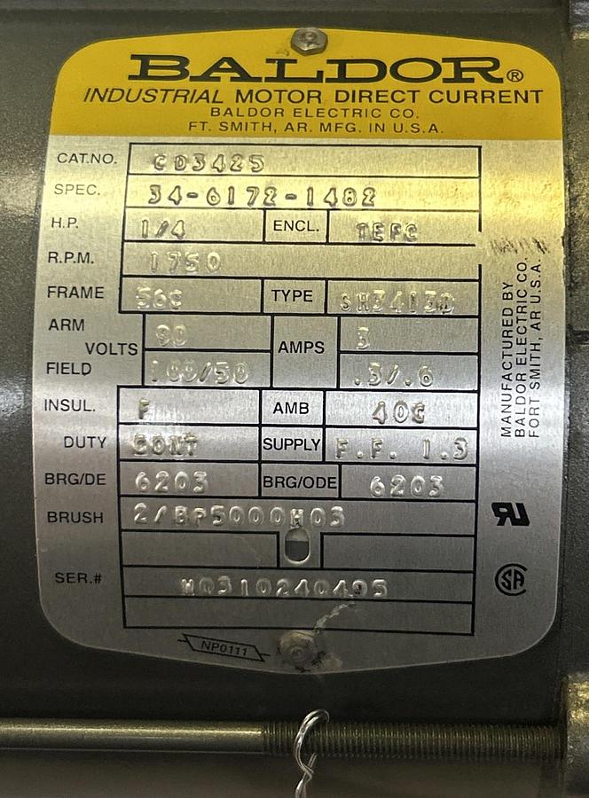 Used BALDOR,CD3425,DC MOTOR 1/4HP 1750RPM 100/50 VOLT 56C FRAME