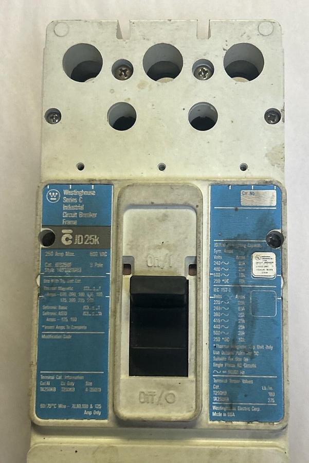 Used WESTINGHOUSE,JD3250F,CIRCUIT BREAKER 250A 600V 3P