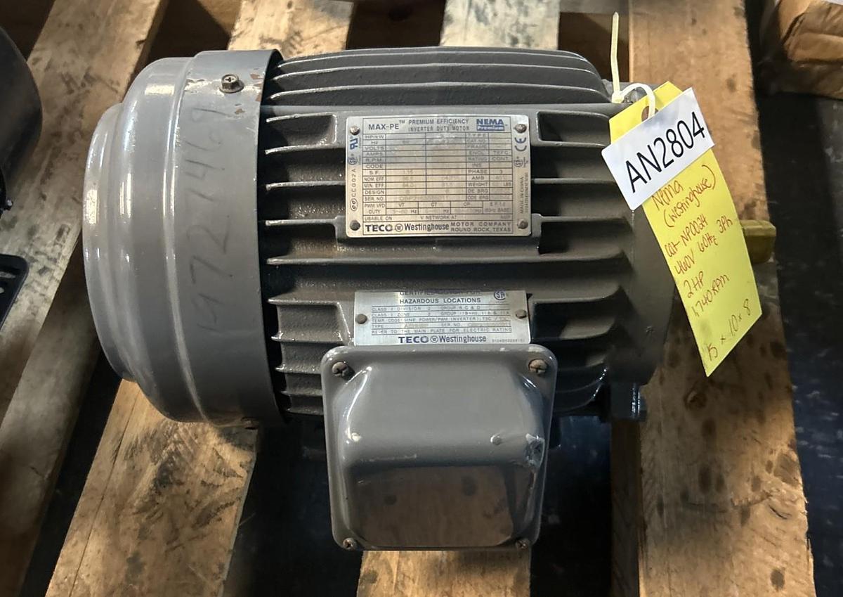 Used TECO WESTINGHOUSE,NP0024,INVERTER DUTY MOTOR 2HP 230/460V 1740RPM 3PH 145T FRAME
