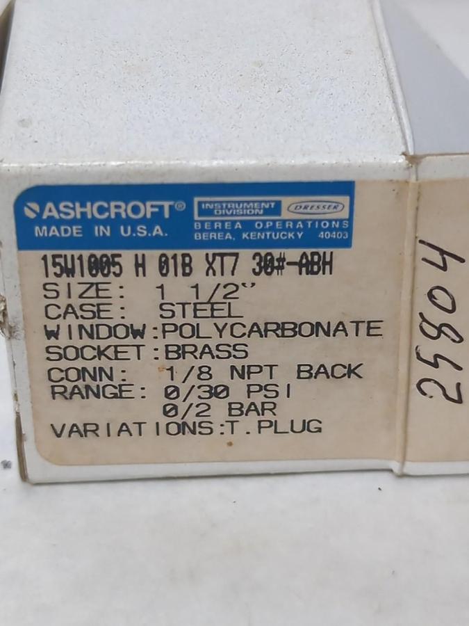 ASHCROFT,15W1005H01BX17,PRESSURE GAUGE 1-1/2 IN FACE 1/8 IN NPT BACK 0/30 PSI