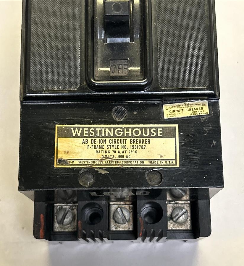 Used WESTINGHOUSE,1531787,CIRCUIT BREAKER 70A 600V 3P