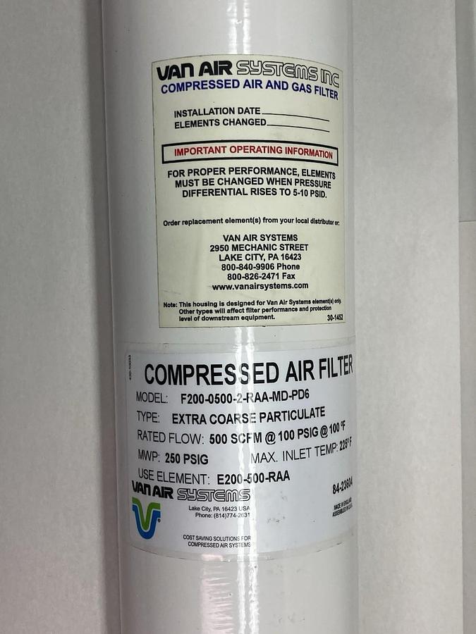 VanAir Systems,Model F200-0500-2-RAA-MD-PD6,Compressed Air Filter 250PSIG
