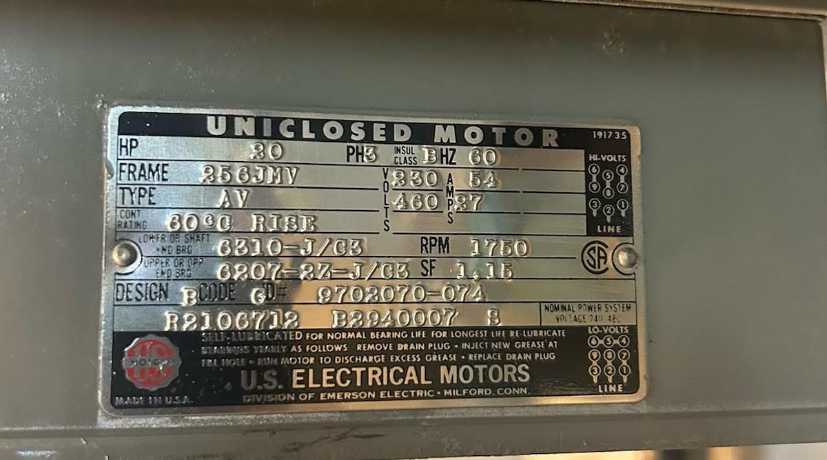 Used US MOTOR,256JMV,UNICLOSED MOTOR 20HP 230/460V 3PH 1750RPM