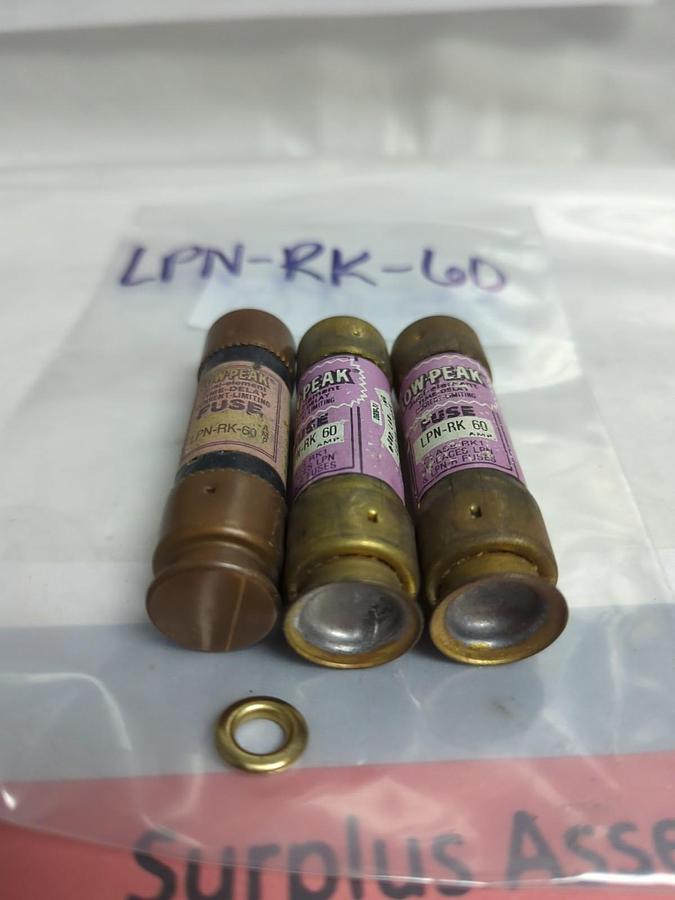 Used COOPER BUSSMANN,LPN-RK-60,LOW-PEAK 60 AMP FUSE LOT OF 3 PRE-OWNED