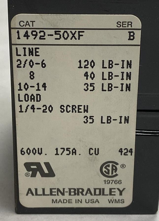 ALLEN BRADLEY,1492-50XF,SERIES B POWER TERMINAL BLOCK 600V 175A LOT OF 2 NEW