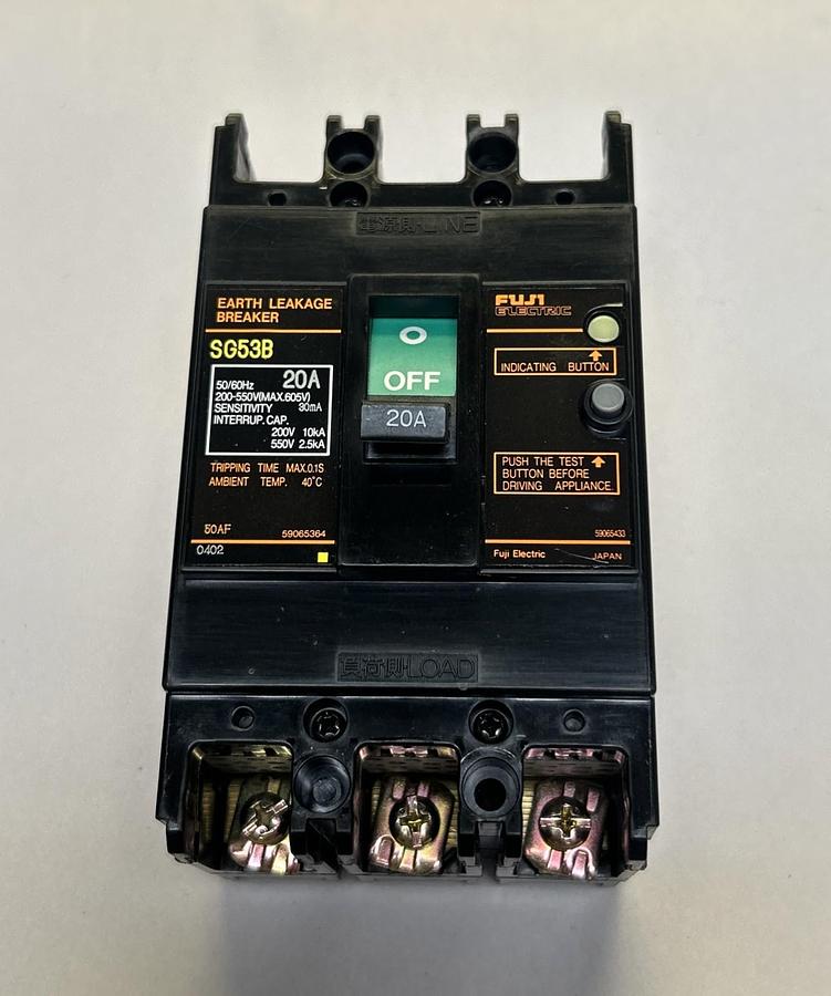 Used FUJI ELECTRIC,SG53B,EARTH LEAKAGE CIRCUIT BREAKER 20A 200-550V 3P