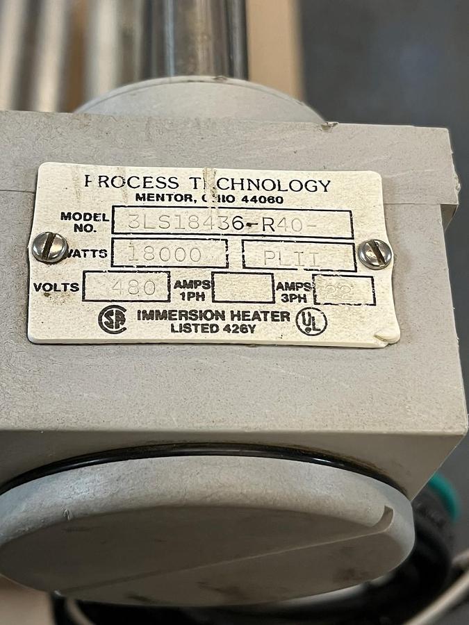 Used PROCESS TECHNOLOGY,3LS18436-R40,3 ELEMENT SS 18kW 480V IMMERSION HEATER 36Lx40H