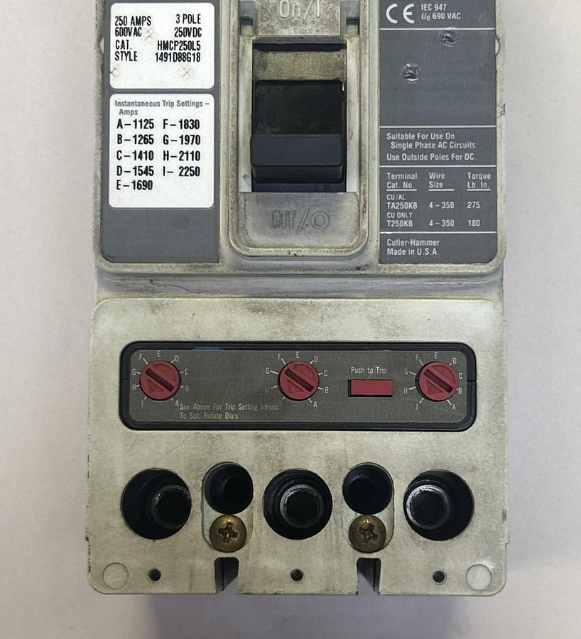 Used CUTLER-HAMMER,HMCP250L5,CIRCUIT BREAKER 250A 600V 3P