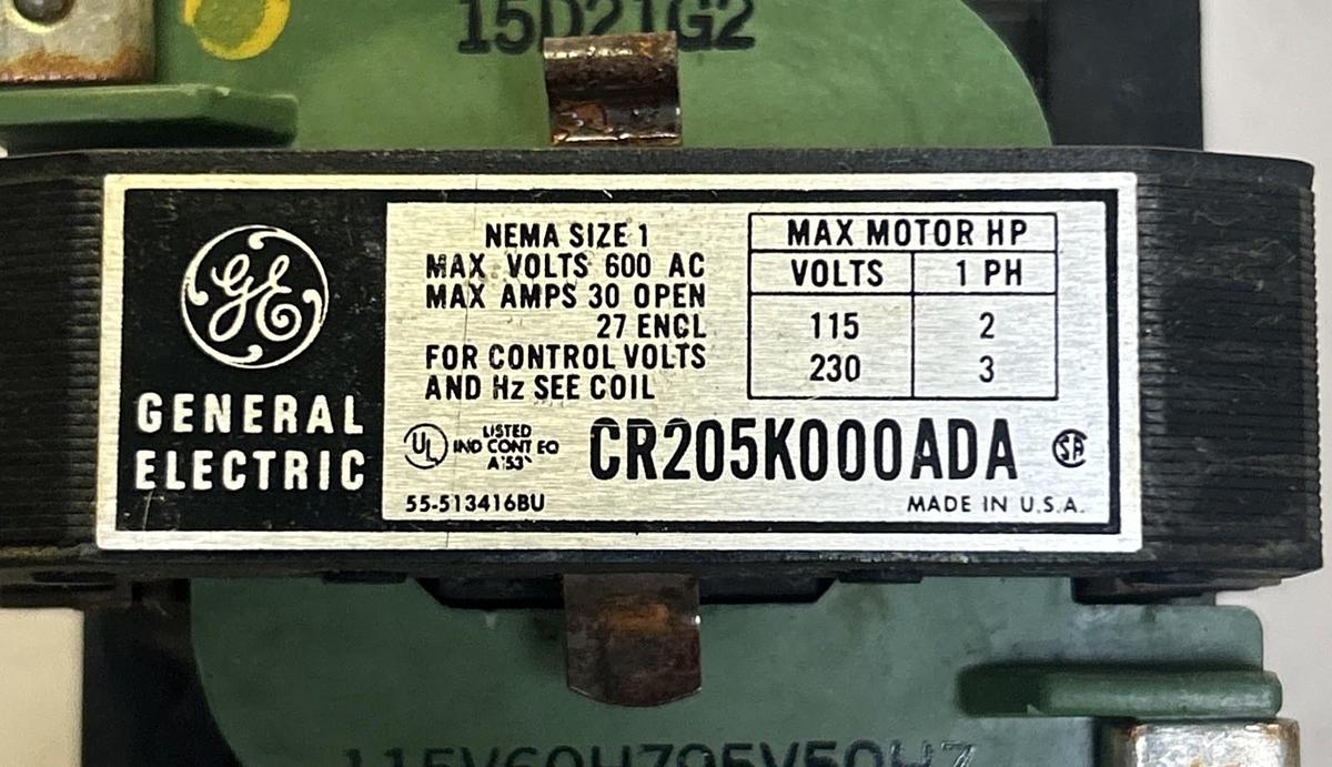 Used GENERAL ELECTRIC,CR205K000ADA,CONTACTOR SIZE 1 20A 600V