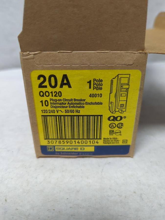 SQUARE D,Q0120,PLUG-ON CIRCUIT BREAKER 1-POLE 20 AMP PACK OF 10 NEW