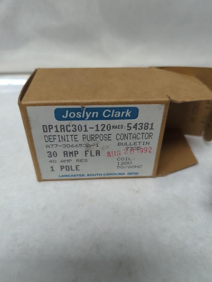 JOSLYN CLARK,DP1AC301-120,DEFINITE PURPOSE CONTACTOR 30 AMP 1-POLE NOS