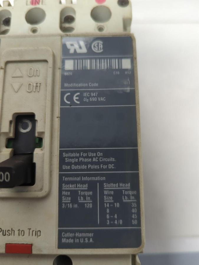 Used CUTLER HAMMER,HMCP100R3C,CIRCUIT BREAKER 100 AMP 3-POLE STYLE 6601C87G10