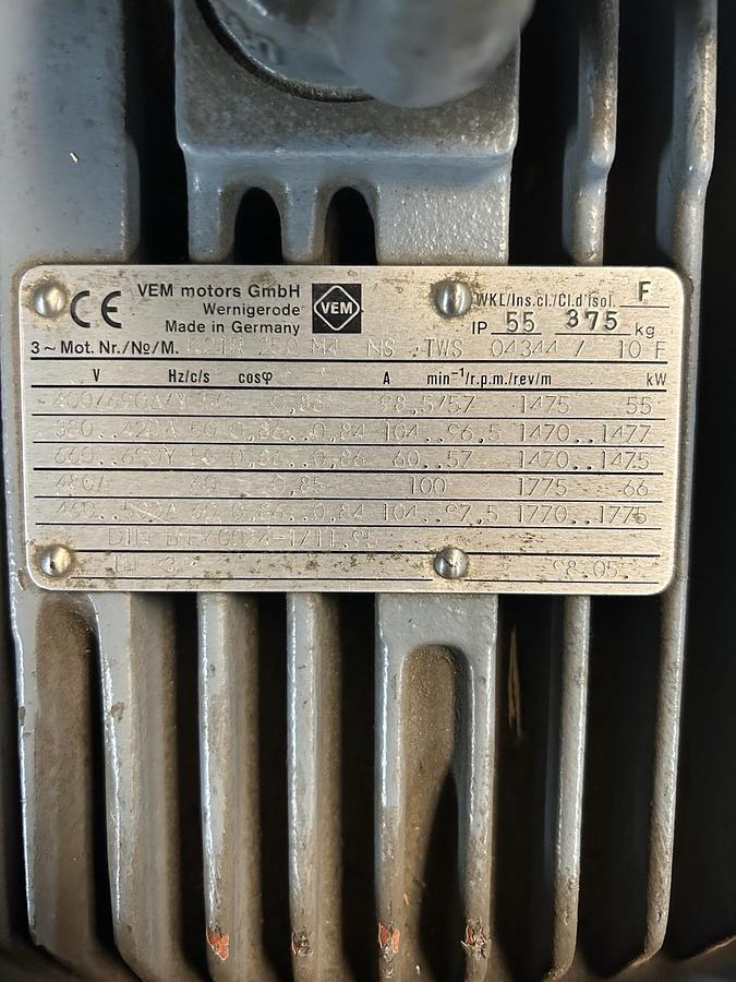 Used VEM,K21R250M4,MOTOR 55KW 380–400V / 660–690V 1475RPM 3PH