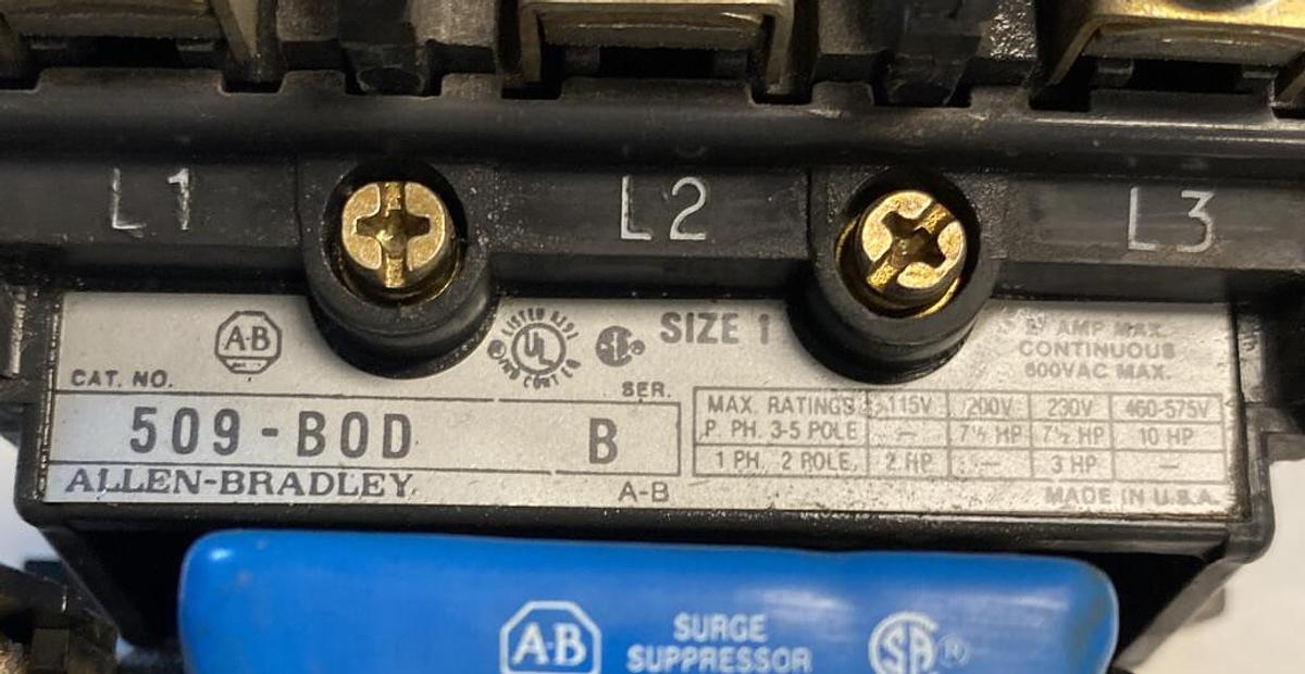 Used Allen-Bradley,509-BOD,Series B Size 1 Motor Starter 27AMP 600V 3 Pole 120V Coil