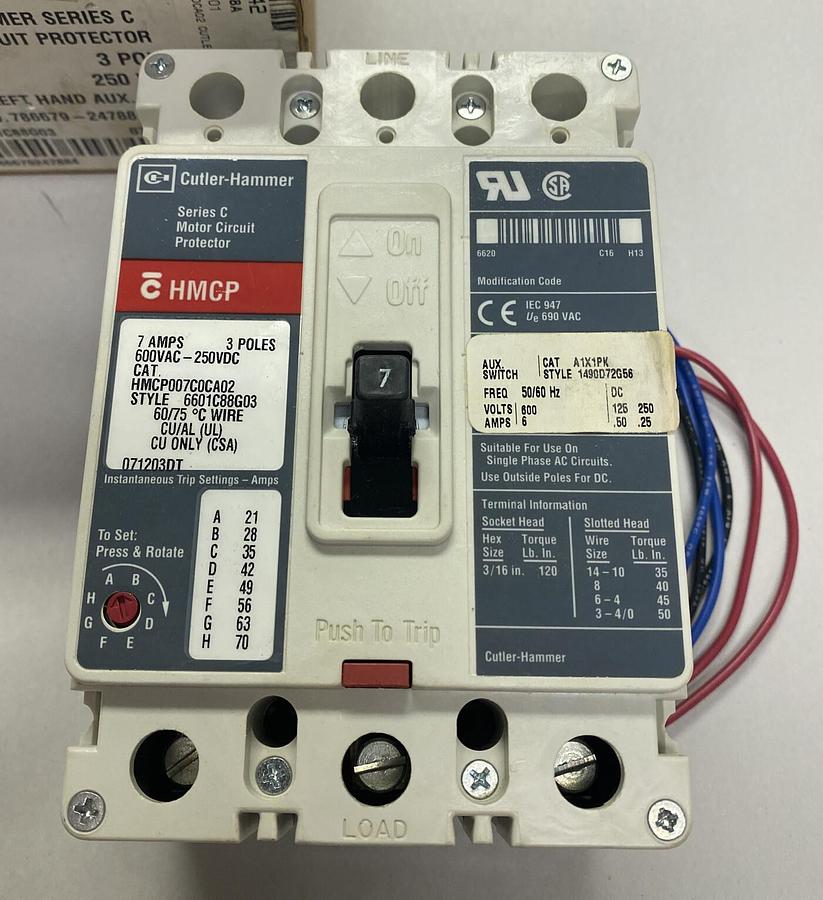 CUTLER HAMMER,HMCP007C0CA02,CIRCUIT BREAKER 7A 600V 3P NEW
