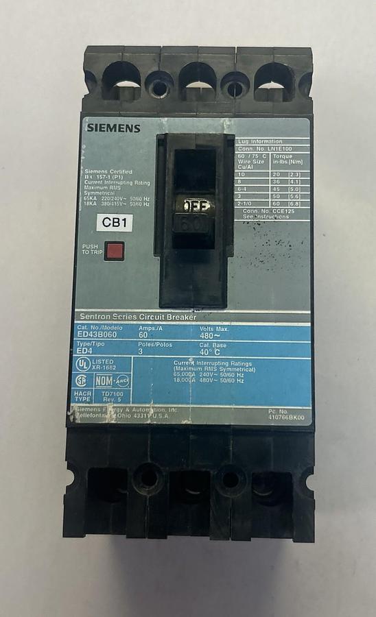 Used SIEMENS,ED43B060,CIRCUIT BREAKER 60A 480V 3P