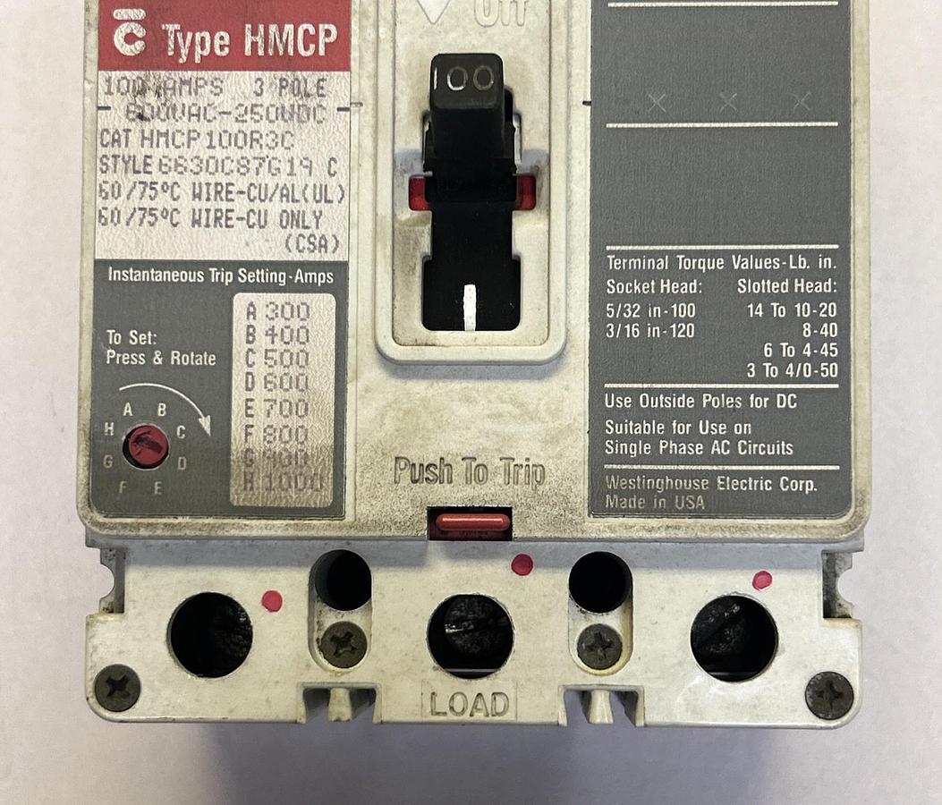 Used WESTINGHOUSE,HMCP100R3C,CIRCUIT BREAKER 100A 600V 3P