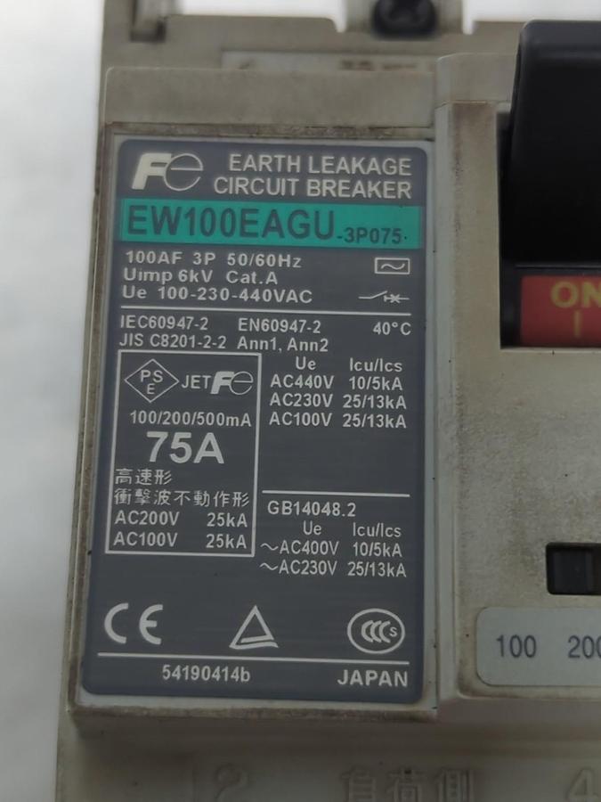 Used FUJI,EW100EAGU-3P075,EARTH LEAKAGE CIRCUIT BREAKER 75 AMP 3-POLE PRE-OWNED