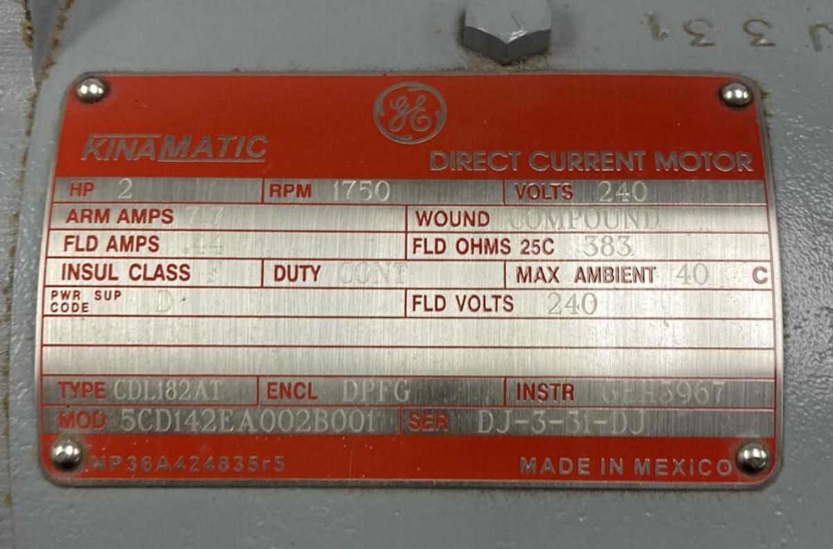 General Electric,5CD142EA002B001,DC Motor 2HP 1750 240VDC Frame CDL182AT