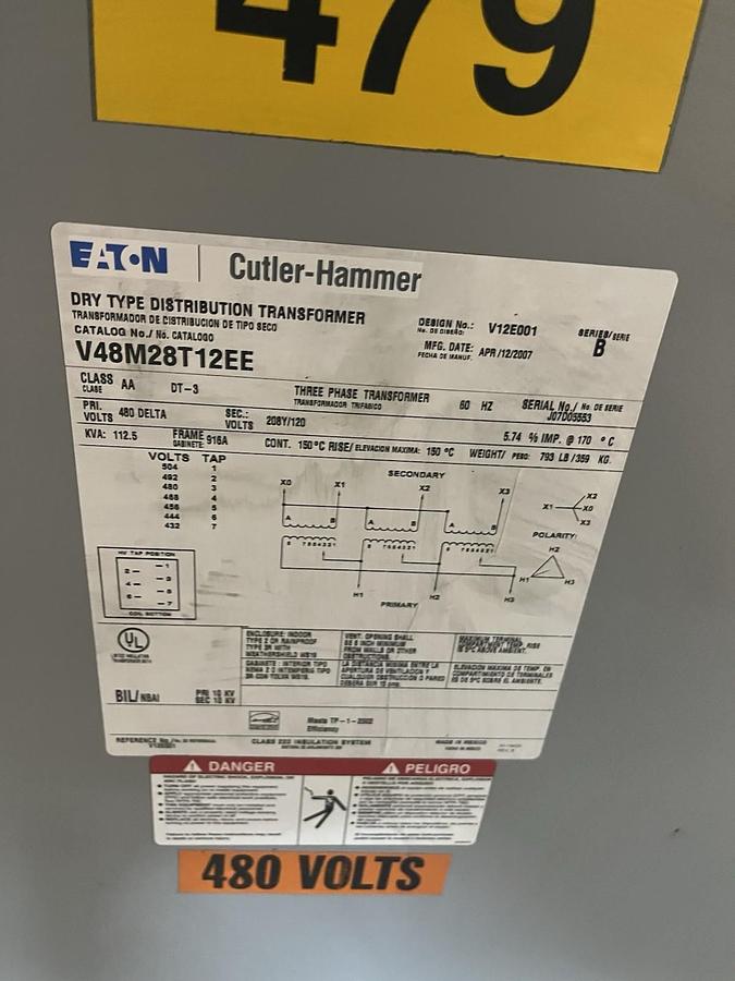 Used EATON,V48M28T12EE,DRY TYPE TRANSFORMER 112.5KVA HV 480 DELTA LV 208Y/120 3PH