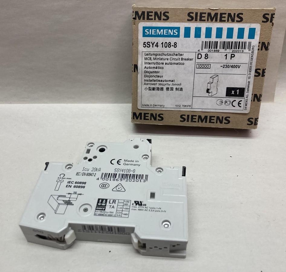 Siemens,5SY4 108-8,Miniature Circuit Breaker 1P 230/400V