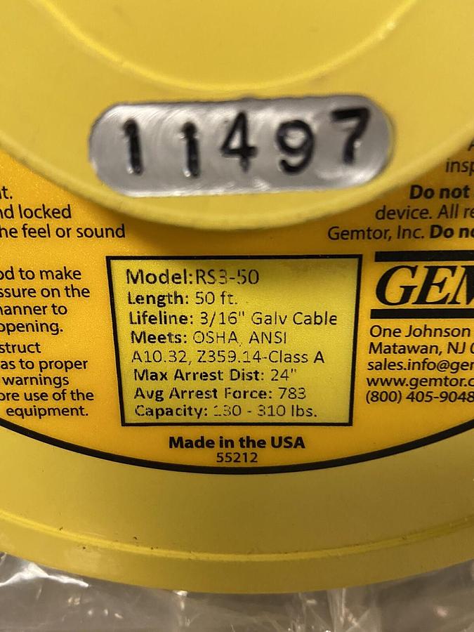 Used GEMTOR,RS3-50,Retrieval Winch 3/16 INCH 50Ft Cable Max 310Lbs