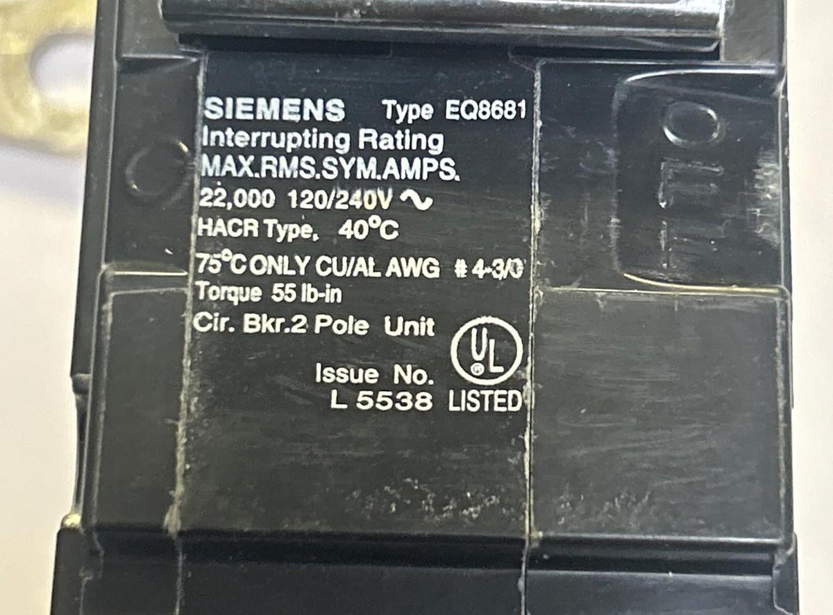 Used SIEMENS,EQ8681,CIRCUIT BREAKER 100A 120/240V 2P